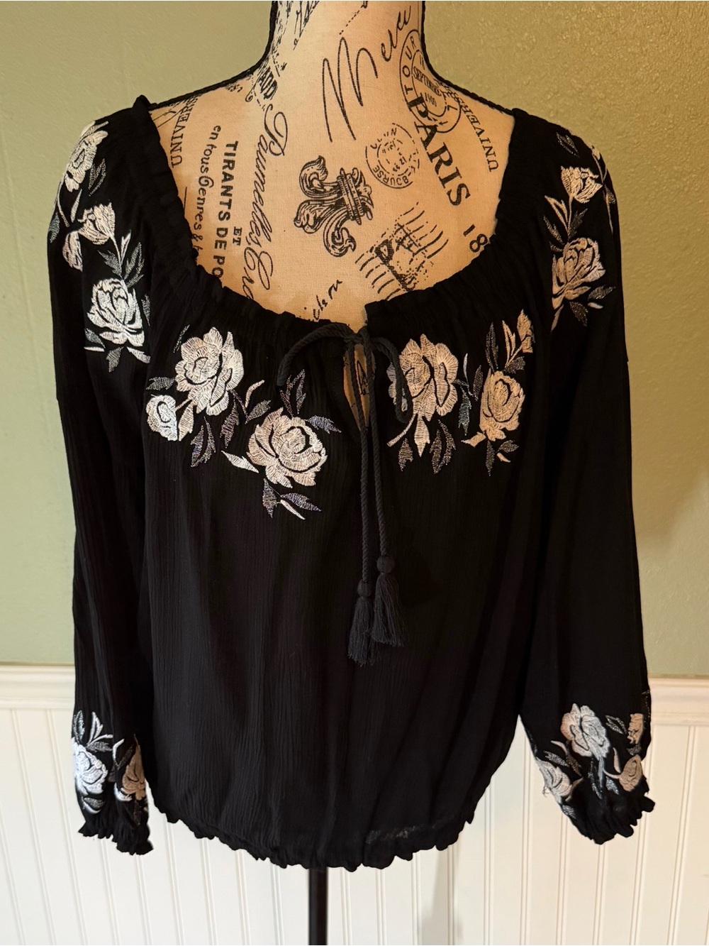 INC Black Floral Embroidered Top - Black with Silver Threading.